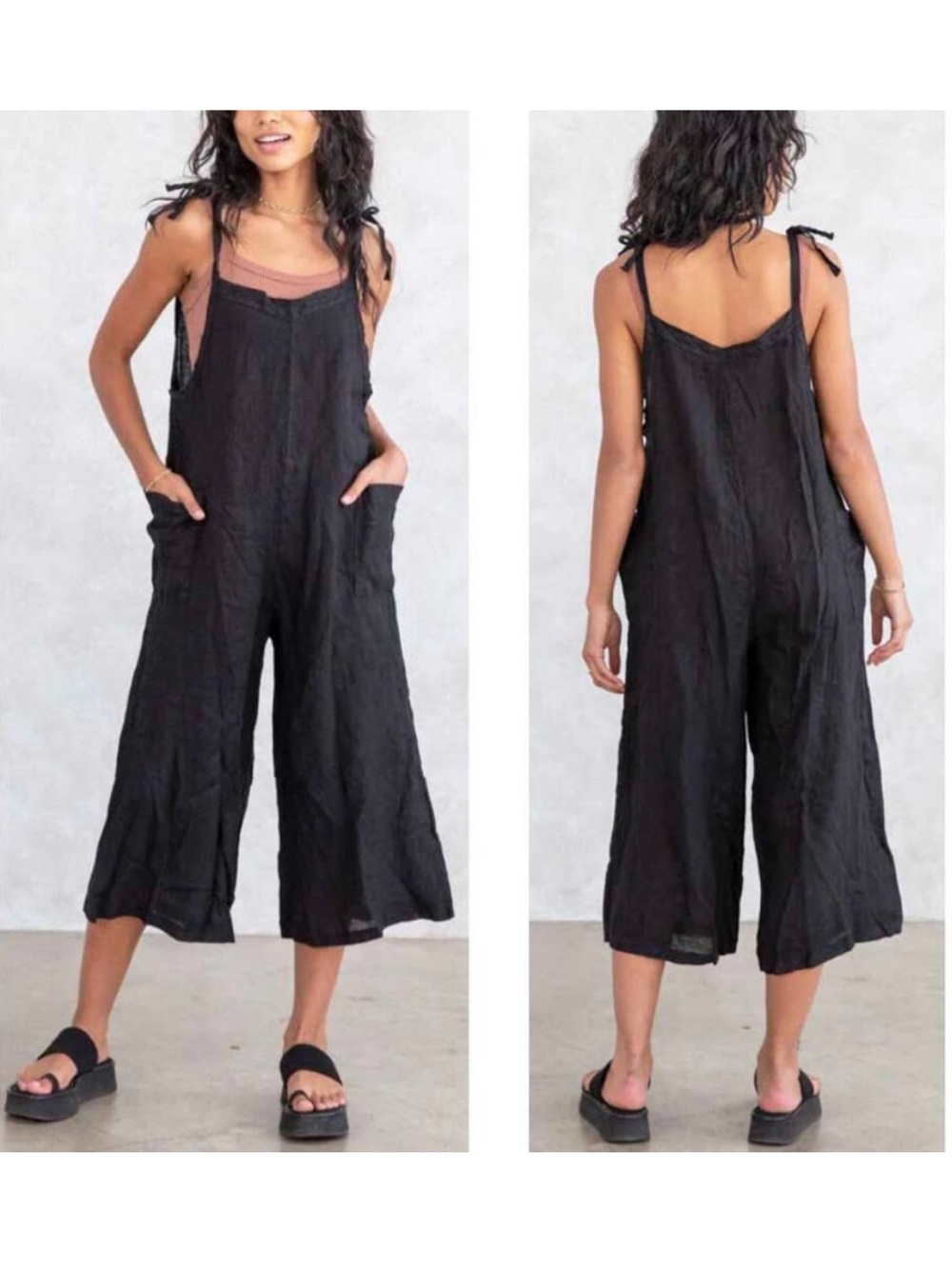 Meo Meli Linen Jumpsuit Tie Strap Slouchy Loose Lagenlook Overalls Oversized OS